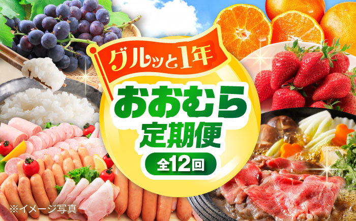 
            【12回定期便】グルっと1年分！おおむら定期便（ イチゴ 野菜 果物 トマト ジュレ ハム ジュース 和牛 ぶどう ジェラート プリン 米 みかん ）/ いちご やさい くだもの とまと はむ ウインナー ういんなー ソーセージ そーせーじ じゅーす 牛肉 長崎和牛 スライス ブドウ 葡萄 じぇらーと ミカン 蜜柑 定期便 / 大村市 / おおむら夢ファームシュシュ [ACAA122]
          