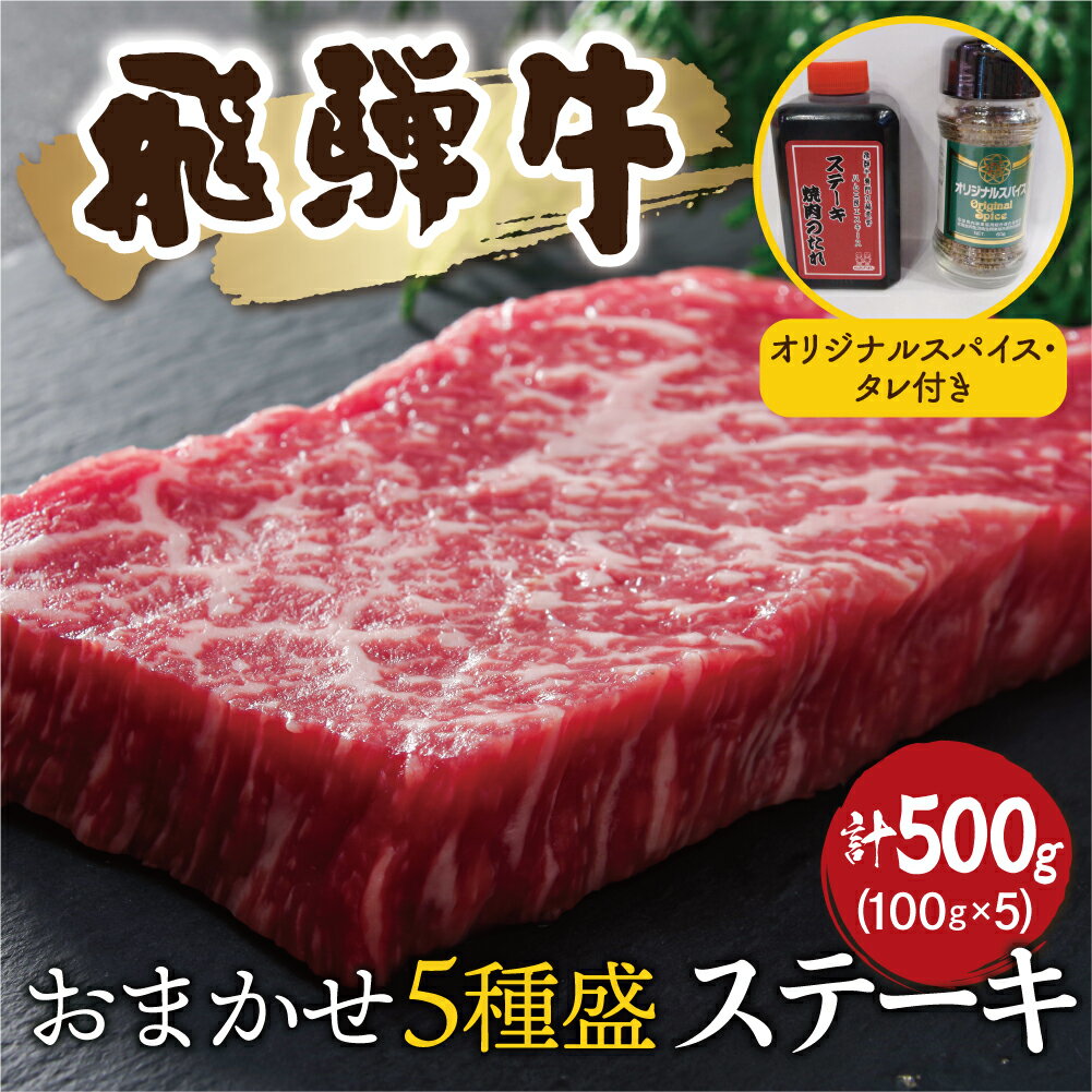 【ふるさと納税】《簡易包装・贈答箱 選べる》飛騨牛おまかせステーキ5種類盛　各100g（計500g） スパイス・タレ付き 部位お任せ 牛肉 和牛 ステーキ 食べ比べ 贈り物 ギフト 飛騨市[Q1040]40000円 4万円