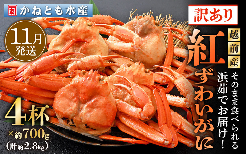 
            【訳あり】≪浜茹で≫越前産 紅ずわいがに 約700g × 4杯 食べ方しおり付【紅ズワイガニ カニ かに 蟹 姿 ボイル 冷蔵 福井県】【11月発送分】希望日指定不可 [e14-x002_11]
          
