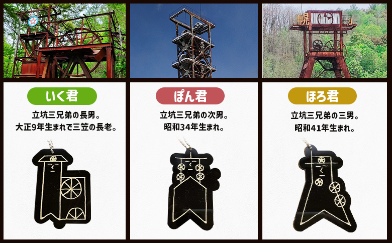 【三笠ジオパーク認定】立坑３兄弟キーホルダー（いく君・ぽん君・ほろ君）｜ ふるさと納税 北海道 三笠 キーホルダー キャラクター 三兄弟 アクリル アクリル製 立坑 立坑櫓 ジオパーク ワンストップ 