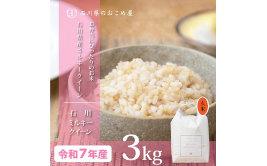 ＜もちもち食感が人気＞石川県産ミルキークイーン令和7年産玄米3kg【1685058】