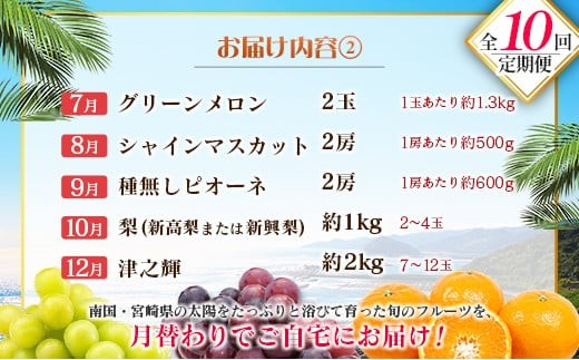 【10回定期便】旬 人気 フルーツ 南国宮崎産 マンゴー 金柑たまたま シャインマスカット ピオーネ いちご みかん 梨 メロン 柑橘 きんかん ぶどう 果物 詰め合わせ 宮崎県 九州＜E-2コース 