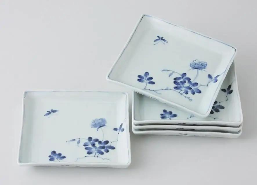 【波佐見焼】14.5×14.5cm手描き角取皿揃　５枚組　野原  【西海陶器】10649｜波佐見焼 陶器