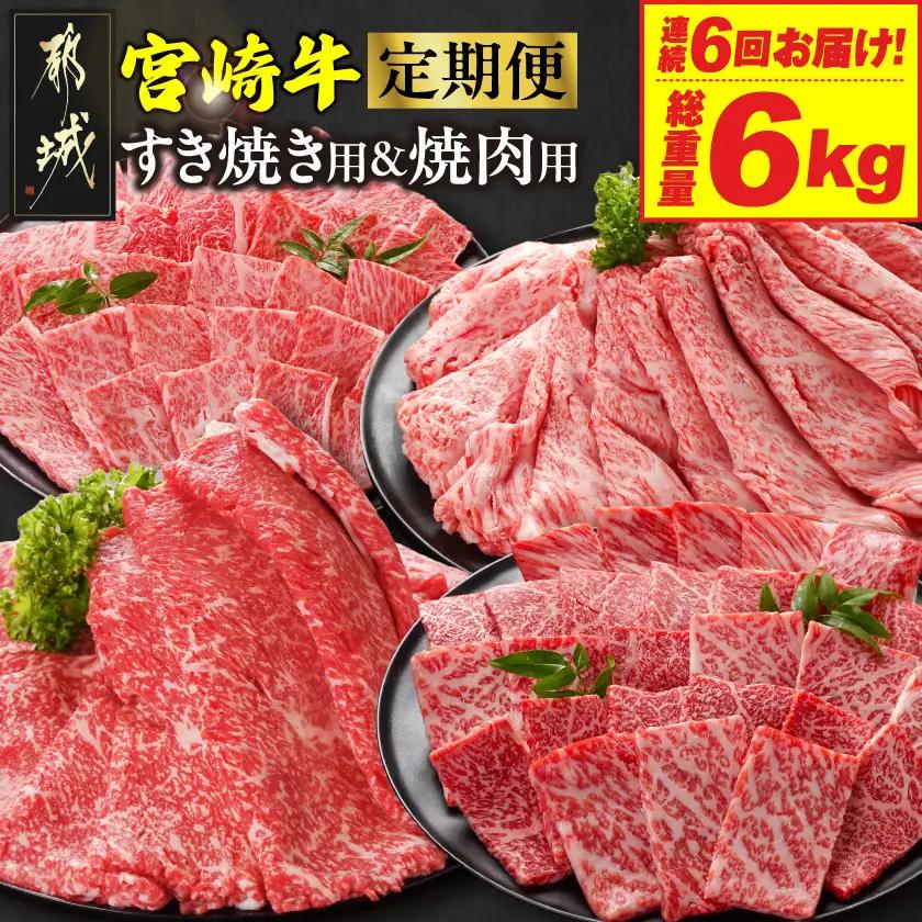 ≪6回連続お届け≫宮崎牛赤身霜降り食べ比べ定期便M(総重量6kg)〔T102-6-N201〕_(都城市) 宮崎牛 スライス 焼肉 2種セット 肩ロース又はロース ウデ又はモモ