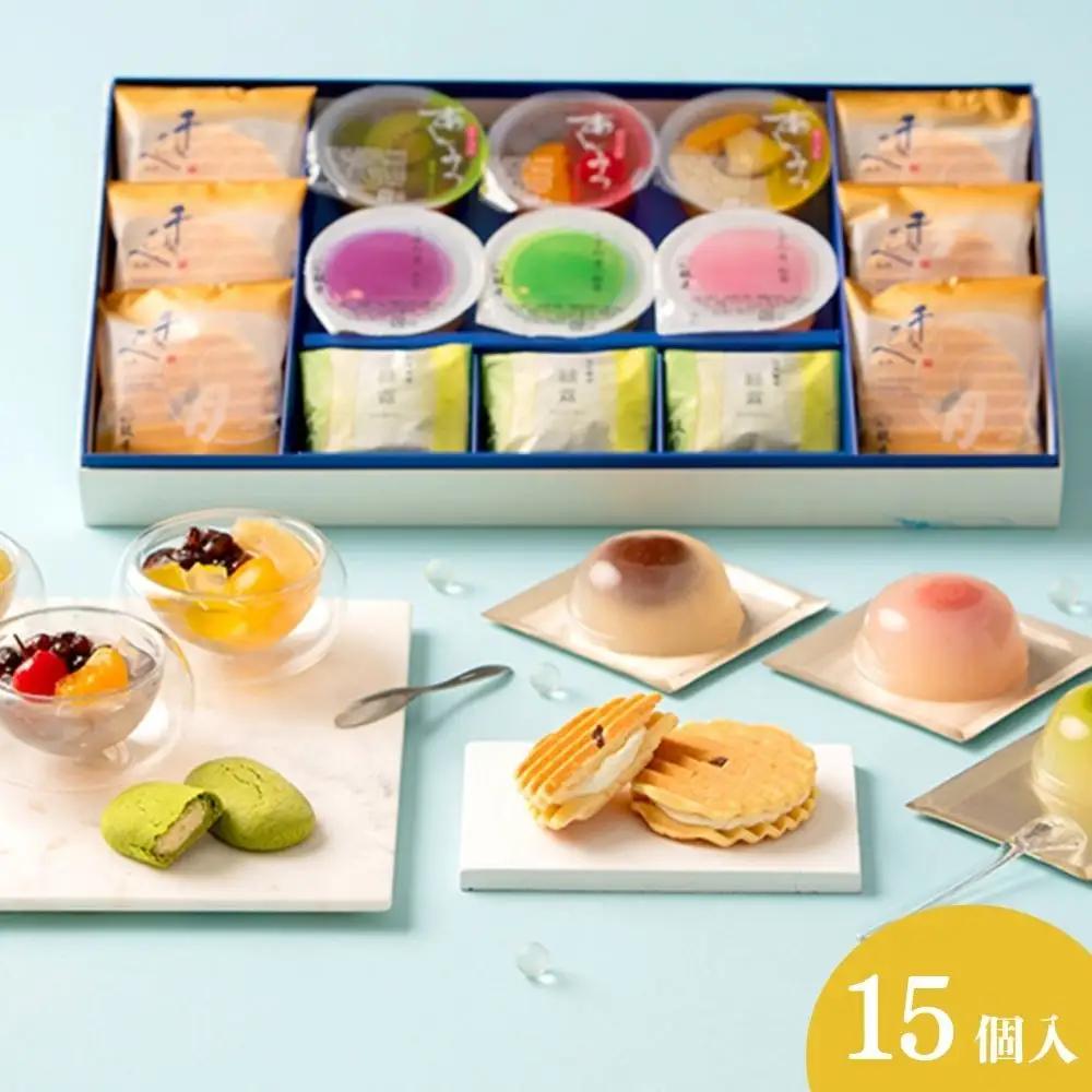【鼓月】お中元和菓子4種詰合せ 15個入 (プレミアム千寿せんべい6枚、くずたま3個、あんみつ3個、緑露3個）｜京都 和菓子 有名店 人気セット 和菓子［ 老舗 和菓子 千寿せんべい 有名店 人気 おすすめ 食べ比べ お菓子 スイーツ お取り寄せ 通販 ギフト プレゼント 贈答 送料無料 ふるさと納税 ］ 