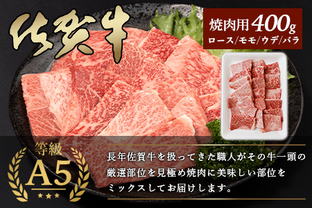 A5等級 佐賀牛 焼肉用 400g【厳選部位】佐賀牛ロース 佐賀牛モモ 佐賀牛ウデ 佐賀牛バラ【美味しい佐賀牛を贅沢に】佐賀牛のうま味 B-616