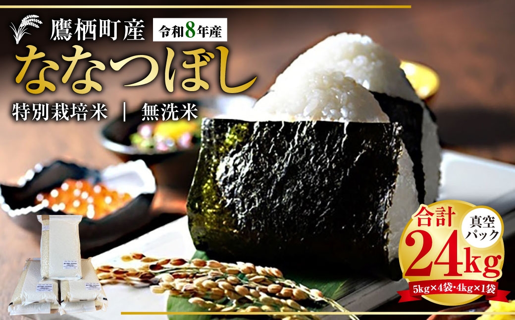 
                  【 令和8年産 】 ななつぼし （ 無洗米 ） 真空パック 約24kg （ 5kg × 4袋、4kg × 1袋 ） 北海道 鷹栖町 たかすタロファーム お米 米 こめ コメ 白米 白飯 飯 ご飯 おにぎり ブランド米 ブランド パック
                