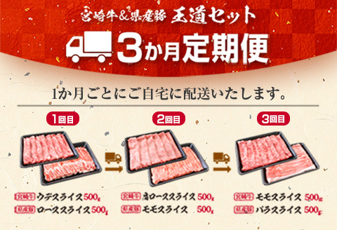 3か月 お楽しみ 定期便 宮崎牛 県産豚 王道 セット 総重量3kg 牛肉 豚肉 国産 スライス 薄切り ウデ 肩ロース モモ 豚ロース 豚バラ 食品 おかず お弁当 牛丼 すき焼き しゃぶしゃぶ 人