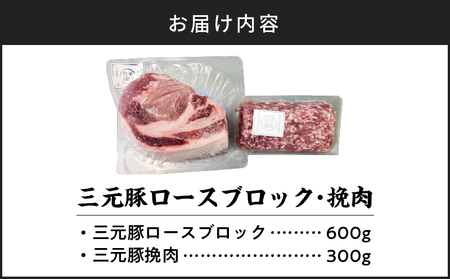 日本の米育ち平田牧場 三元豚ロースブロック（600g）・挽肉（300g）計900g　T036-009 肉 お肉 にく 食品 苫小牧市産 人気 おすすめ 送料無料 ギフト