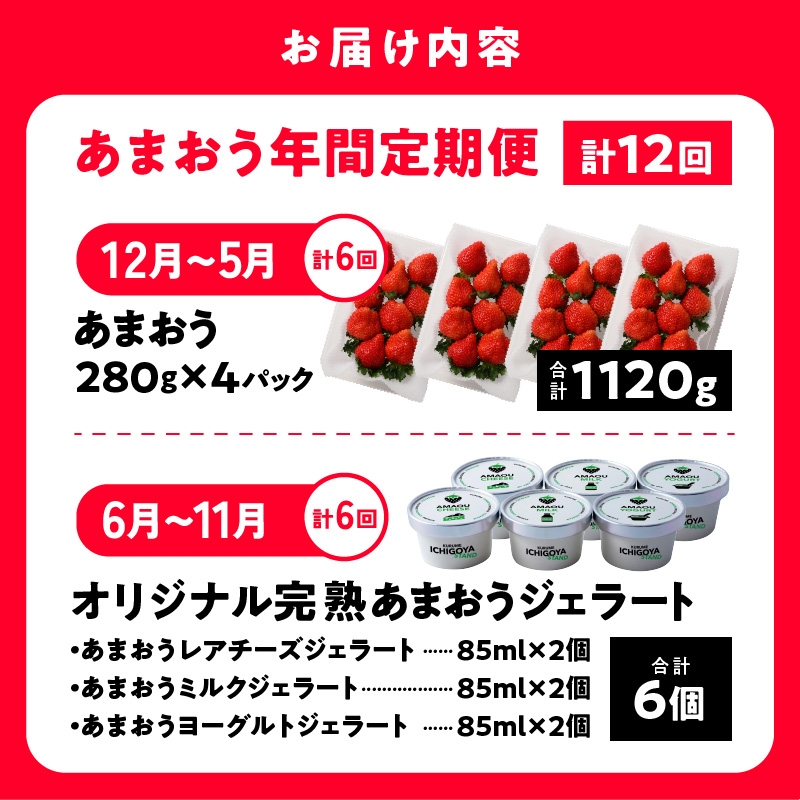 【あまおう年間定期便(年12回)】福岡県産 冬はあまおう！夏はジェラート(アイス)！年中あまおうの美味しさをお届けします！！_いちご 定期便 年12回 あまおう 280g × 4パック オリジナル 完熟あまおう ジェラート 85ml × 6個 各 6回 高級ブランドいちご フルーツサンド アイス レアチーズ ミルク ヨーグルト 3種類 冷凍 フルーツ お取り寄せ 福岡県 久留米市 送料無料_Dw017