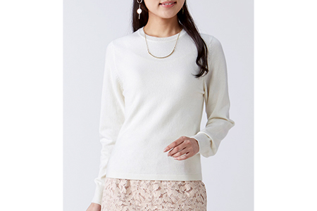 日本製 カシミヤ100% レディース クルーネック 白 Sサイズ [2573]