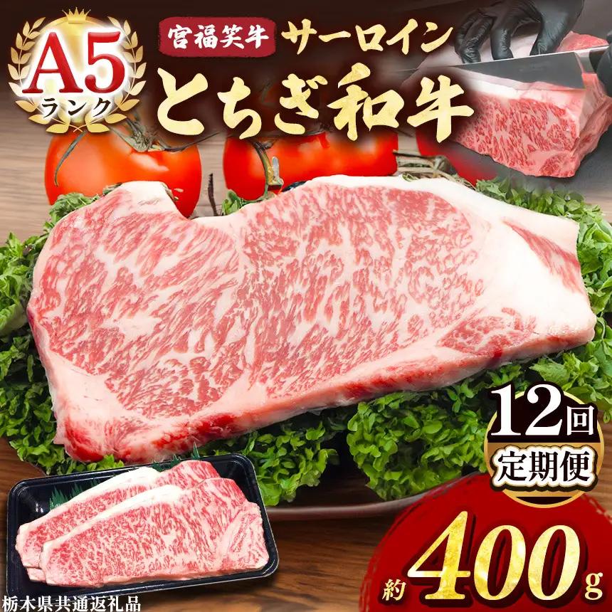 【定期便12回】宮福笑牛(とちぎ和牛) A5 サーロインステーキ 約200gx2枚 【栃木県共通返礼品（栃木県産）】