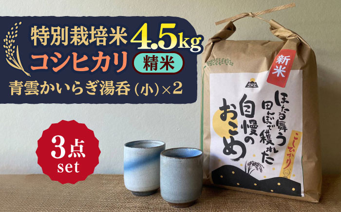 
先行予約 【令和6年産新米】 精米 コシヒカリ 特別栽培米 （4.5kg） + 【美濃焼】 青雲かいらぎ 湯呑 小 （2個） 【山松加藤松治郎商店】 [TEU033]
