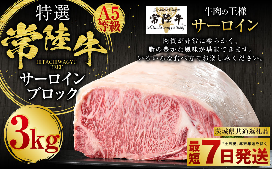 【特選】常陸牛（ひたちぎゅう）A5等級 サーロインブロック 3kg（茨城県共通返礼品 茨城県産）