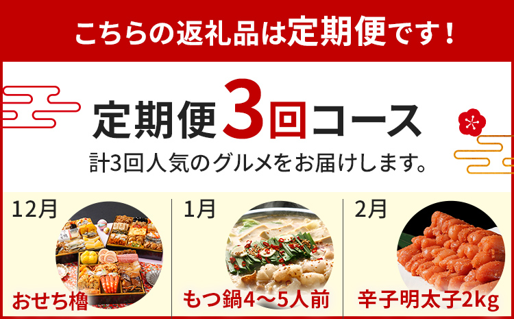 おせち定期便 おせち櫓・若杉もつ鍋・明太子2㎏定期便　おせち 2026 博多久松 三段重 定期便 明太子 もつ鍋 3回 3ヶ月 おせち料理 正月 博多 国産牛もつ 辛子明太子 豪華 お取り寄せ グルメ