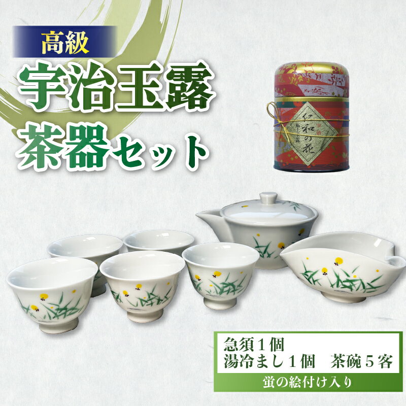 【ふるさと納税】高級 宇治玉露 ＆ 茶器 セット (仁和の花100g) 缶入り 海峰窯 絵付け 茶器 急須 湯冷まし 茶碗 小川武治茶舗 コラボ商品 茶碗 セット 茶葉 お茶 日本茶 国産 京都府【091】