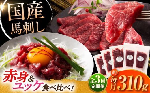 【全3回定期便】フジチク 国産馬刺し と ユッケのセット 計約310g / 馬肉 馬刺し 赤身 ばさし バサシ馬刺し 馬刺 赤身 馬刺 冷凍 小分け おすすめ オススメ 熊本 菊陽 馬肉 タレ付き 生姜付き あっさり ばさし 赤身 【株式会社フジチク】 [BHAD087]