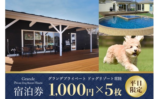 グランデ プライベート ドッグリゾート常陸宿泊券 1,000円×5枚（平日限定） 愛犬 ペットOK ドッグラン プール 温泉 サウナ ホテル チケット 宿泊 旅行 宿泊券 旅行券 72-A