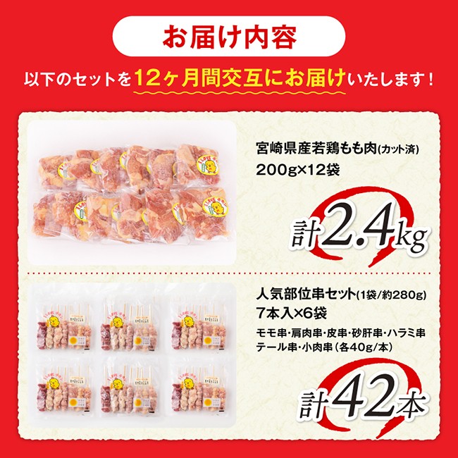 【12ヶ月定期便】宮崎県産若鶏もも200g×12袋＋人気部位串42本 【 肉 もも 串 ヘルシー 真空パック 小分け 串カツ ＢＢＱ 唐揚げ 長期保存 時短料理 カット済 宮崎県産 】 [B06901t12]