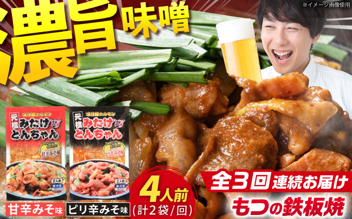 
            【3回定期便】岐阜県産豚もつの鉄板焼き「元祖みたけとんちゃん」甘辛＆ピリ辛 各1袋（4人前） / モツ もつ 白もつ ホルモン / 御嵩町 / 藤よし [AVAA012]
          