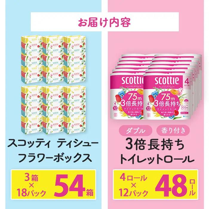 スコッティ トイレットロール 48個 + ボックスティッシュ 54箱（トイレットペーパー ティッシュ 日用品）