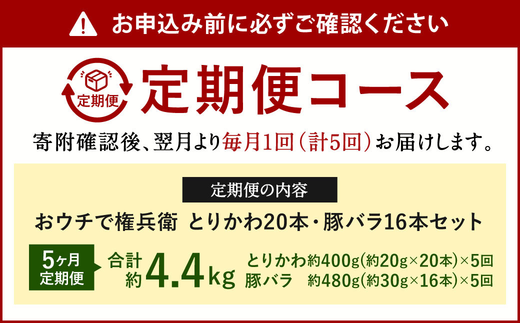 【5ヶ月定期便】 おウチで権兵衛 とりかわ・豚バラセット 36本×5回