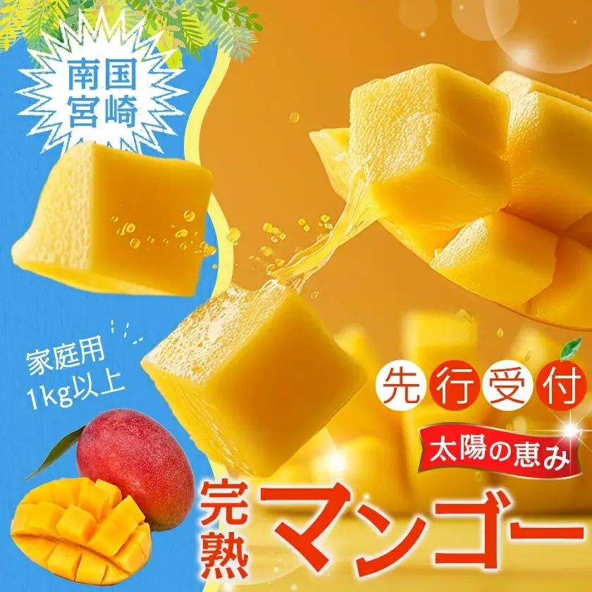 【先行受付!】宮崎完熟マンゴー家庭用1kg以上(都城産)〔MJ-3311〕_(都城産) 特大4Lサイズ(500g以上)2玉 L～3Lサイズ3玉～5玉など組合わせで合計1kg以上 宮崎マンゴー 産地直送