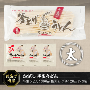 ＜お試し＞半生うどん (300g/極太・つゆ付) お試し 讃岐うどん 本場 うどん 本場 讃岐 さぬき 香川県 麺 コシ 常温 常温保存 【man163】【こんぴらや販売】