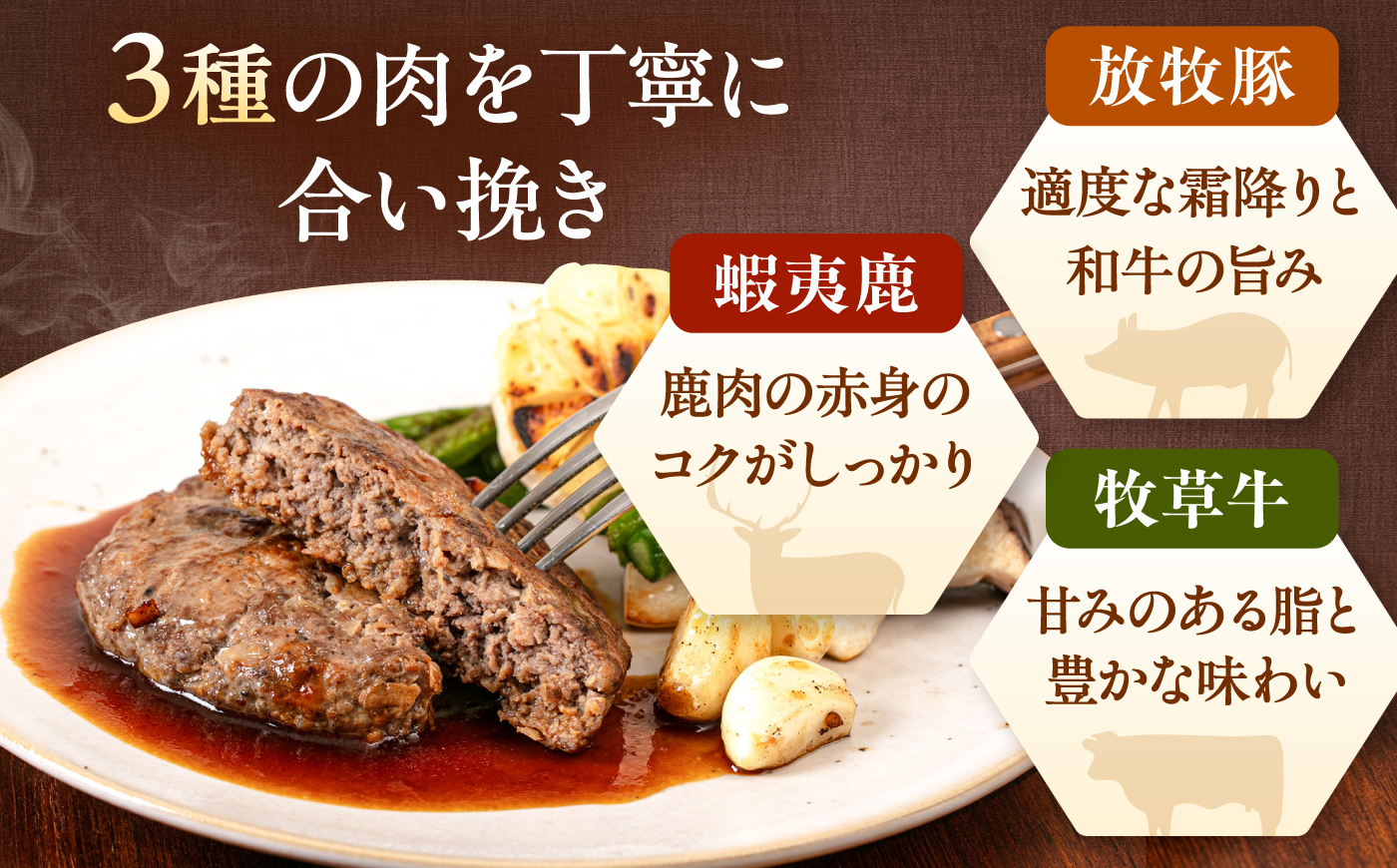 【全3回定期便】【蝦夷鹿×牧草牛×放牧豚】ハンバーグ 15個《厚真町》【GOODGOOD株式会社】 ハンバーグ 鹿肉 牛肉 豚肉 小分け 冷凍配送 北海道 [AXBP035]