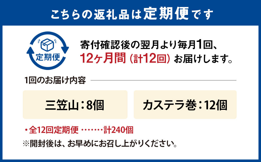 【全12回定期便】銘菓詰合せ3号 ／ 三笠山 カステラ巻 スイーツ 菓子 セット 個包装 ギフト