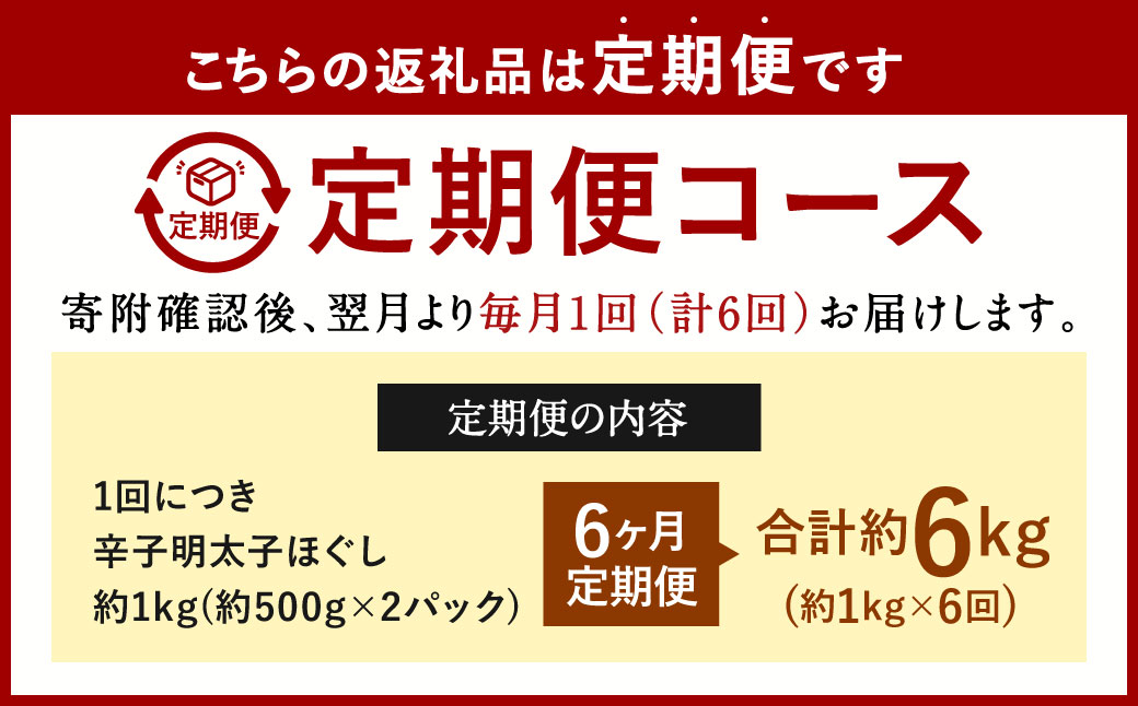 【6ヶ月定期便】辛子明太子ほぐし 約1kg 総重量約6kg 明太子 辛子明太子 めんたいこ ほぐし 海鮮 魚介類 魚卵 おつまみ ご飯のお供 定期便 冷凍 九州 福岡県 北九州市