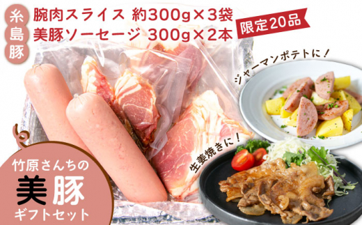 【限定20品！】竹原さんちの美豚ギフトセットA（ソーセージ300g×2本＋腕スライス約300g×3袋）  糸島市 / 竹原さんちの美豚 [AHK001]