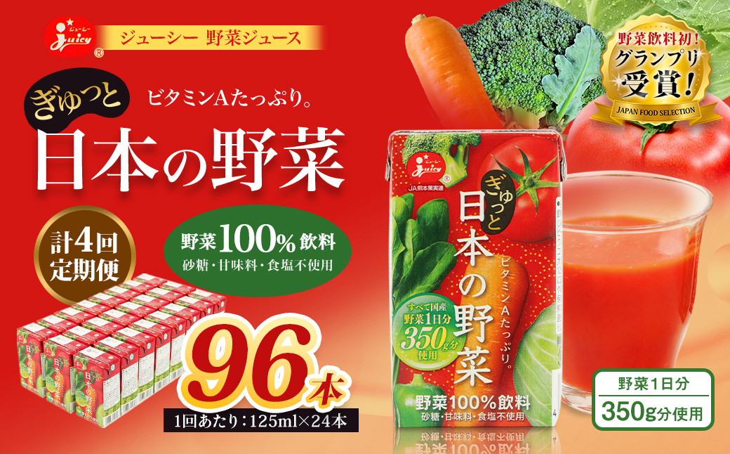 【4回定期便】ジューシー 野菜ジュース ぎゅっと日本の野菜100％ 125ml×24本