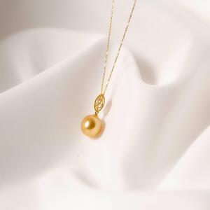 【澪標】無調色 一粒 ゴールデンパール（白蝶真珠） 10mm ダイヤモンド K18YG ペンダント ネックレス