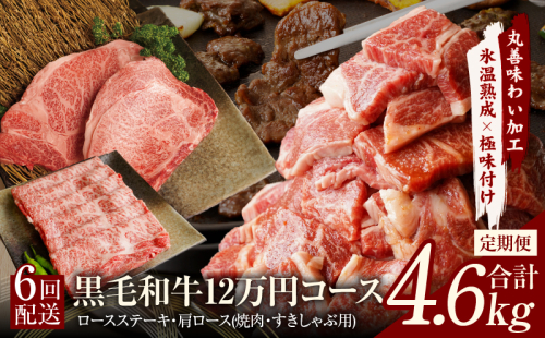 黒毛和牛 定期便 全6回 （ステーキ／すき焼き・しゃぶしゃぶ／焼肉） 12万円コース 丸善味わい加工【毎月配送コース】 099Z240