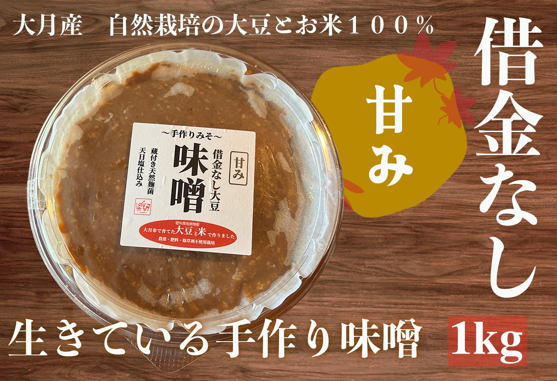 
            天然醸造 借金なし大豆味噌 大月産 自然栽培大豆＆米100%使用
          