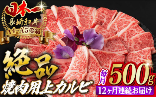 
【全12回定期便】焼肉 上 カルビ 500g 長崎和牛 A4～A5ランク 【野中精肉店】 [VF36] 肉 牛肉 カルビ 焼き肉 キャンプ BBQ バーベキュー 定期便
