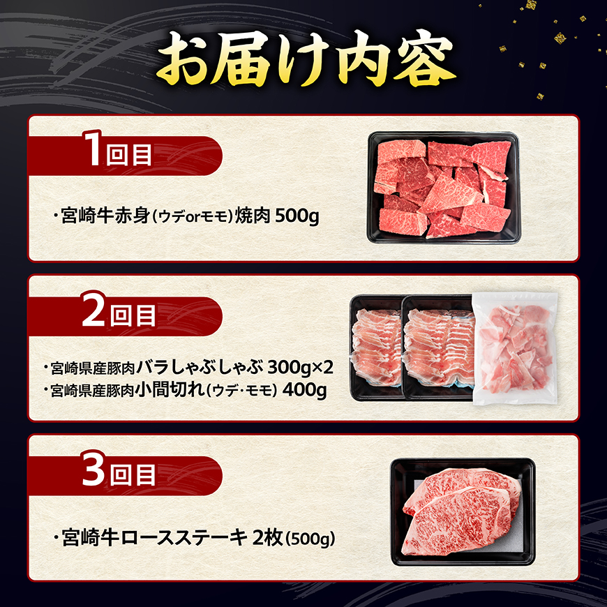 ミヤチクセレクト！宮崎牛・宮崎県産豚肉満足定期便[3ヶ月コース] 【 肉 宮崎牛 牛肉 豚肉 小分け パック こま切れ スライス 詰め合わせ 送料無料 】 [B00629t3]