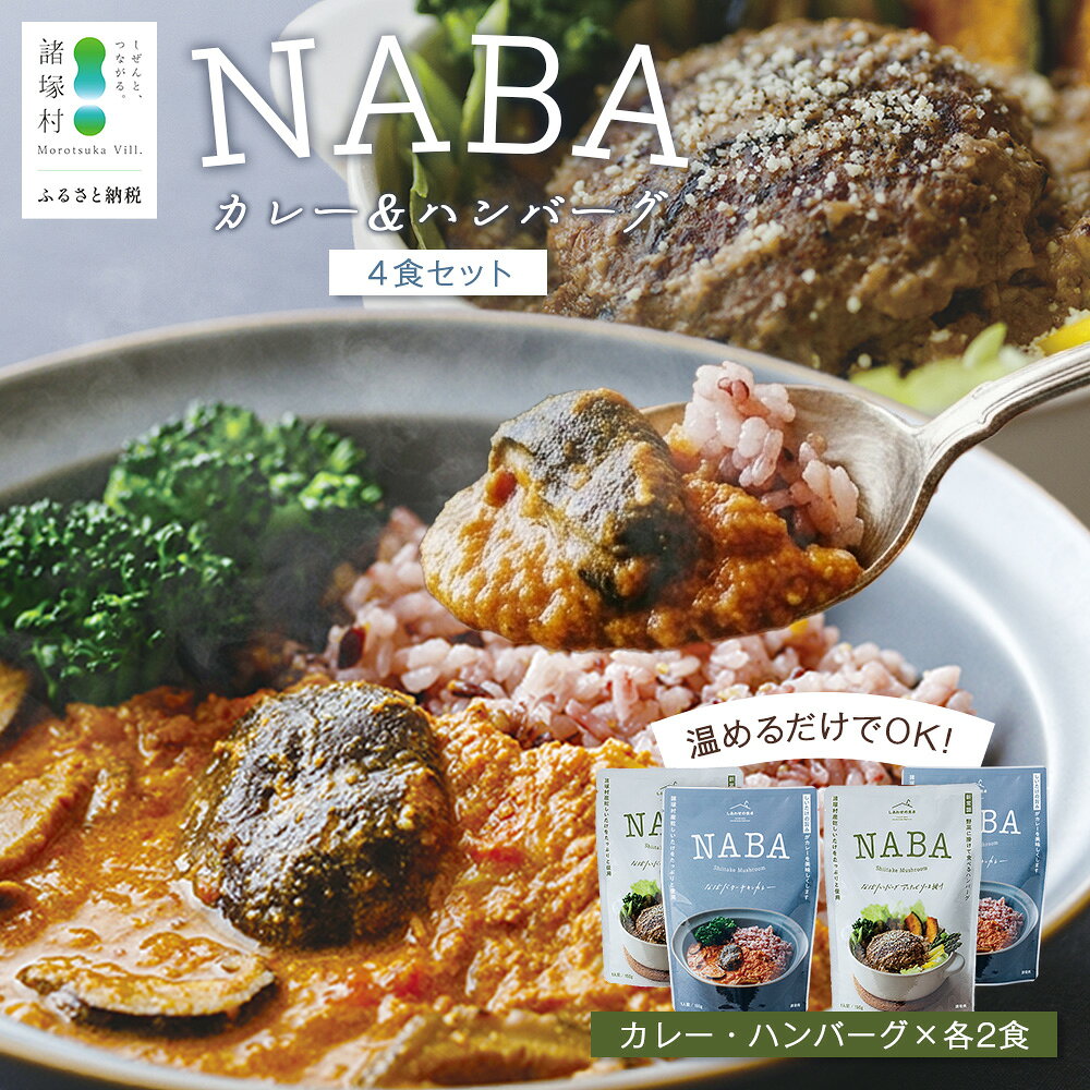 【ふるさと納税】NABAカレー バターチキンカレー＆ハンバーグアンチョビソース掛け セット 2種各2食 計4食 常温｜レトルトカレー カレーライス なば しいたけ 椎茸 ハンバーグ アンチョビ レトルト 常備 備蓄 おかず アレンジ 家庭用 もろっこはうす 宮崎県 諸塚村 MO-37