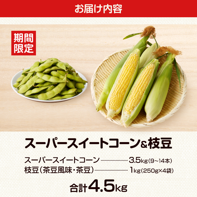 先行予約≪期間限定≫スーパースイートコーン＆枝豆(茶豆風味・茶豆)セット(合計4.5kg)_T003-001【旬 野菜 国産 人気 ギフト 食品 とうもろこし BBQ 贈り物 送料無料 プレゼント】