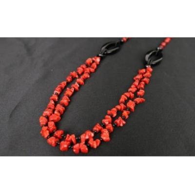 ふるさと納税 室戸市 赤珊瑚とオニキスのロングデザインネックレス