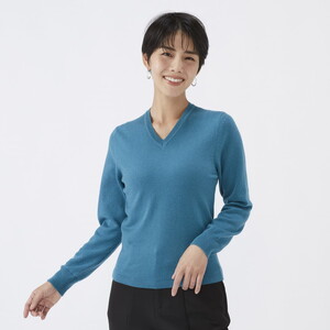 日本製 カシミヤ100% レディース Vネック ブルーグリーン 2Lサイズ