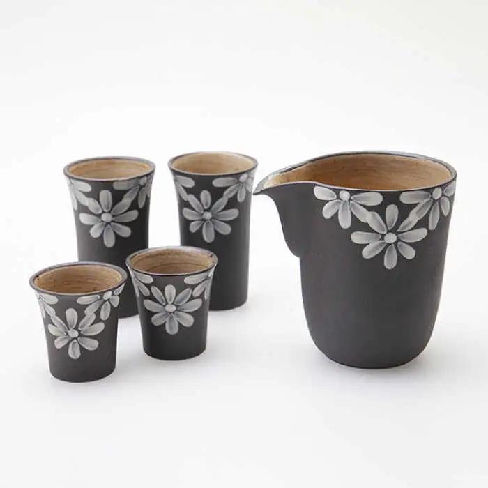 【波佐見焼】まろやかシリーズ 黒一珍 花絵 酒器 5点セット 食器 皿 【國右エ門窯】 [VB12]  父の日 波佐見焼