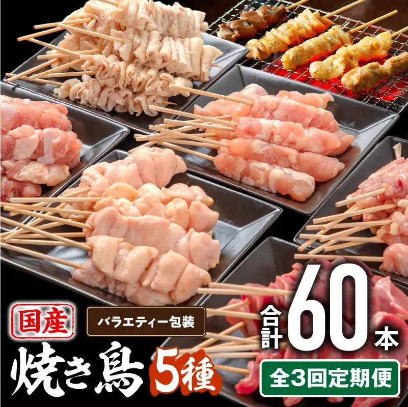 鶏肉 焼き鳥 鶏肉 [全3回 定期便 若鶏 焼き鳥セット セット 5種 60本 バラエティーセット]