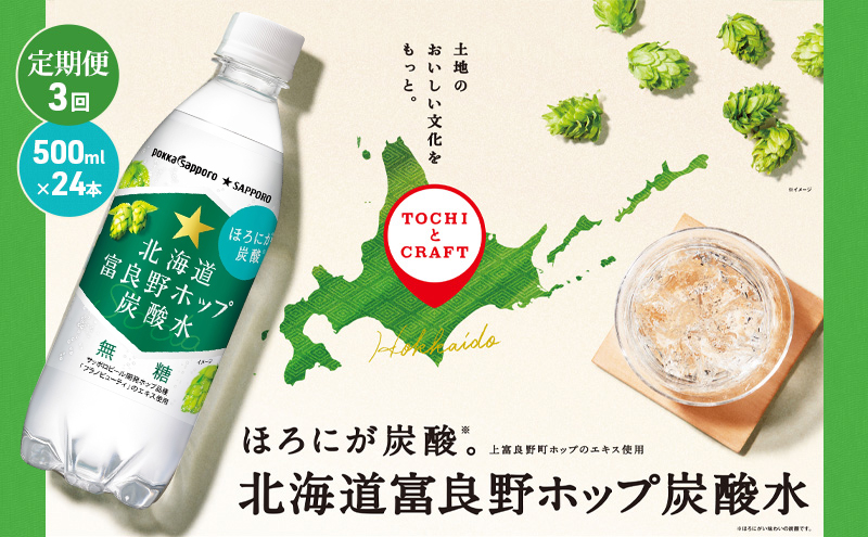 北海道 定期便 3ヵ月 連続 全3回 炭酸水 500ml × 24本 北海道富良野ホップ炭酸水 ポッカサッポロ 無糖 北海道富良野ホップ ペットボトル 炭酸飲料 炭酸 ソーダ ソーダ水 飲料 ドリンク (有)リカーショップかまだ 上富良野町