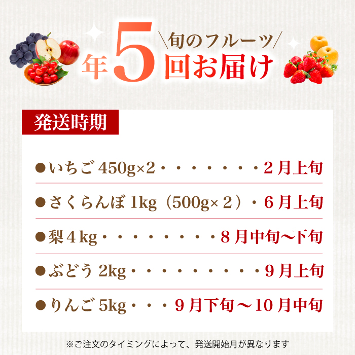 【フルーツ定期便全5回】いちご さくらんぼ 梨 ぶどう りんご 詰め合わせ 採れたて 新鮮 産地直送 果物 広島県 三原市 059014