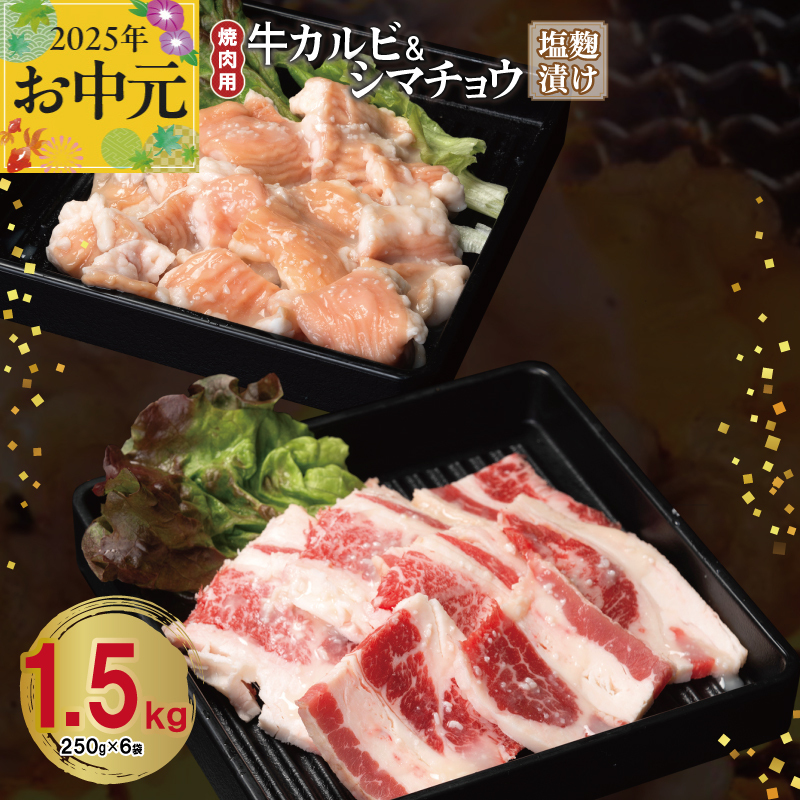 【お中元】 牛カルビ＆シマチョウ 塩麹漬け 焼肉セット 合計1.5kg【味付け 小分け 焼くだけ 簡単調理 BBQ 250g×6袋 牛肉 ホルモン】 099H3398t