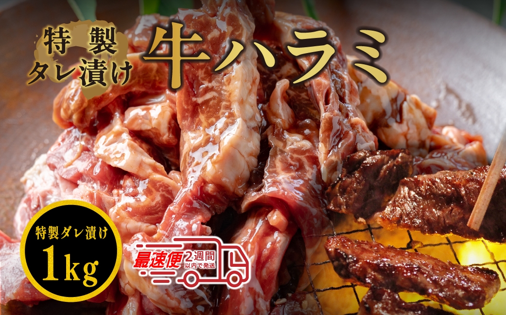 
            自家製たれ漬ハラミ 1kg　自家製たれ漬けハラミ たれ漬け ハラミ肉 焼肉用 小分け 冷凍 ギフト 大容量

          