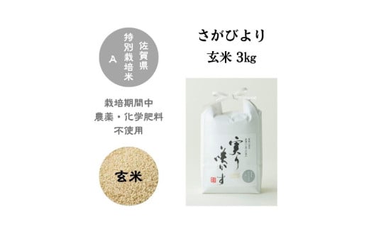 【令和6年産】「実り咲かす」農薬・化学肥料不使用 さがびより 玄米3㎏［A0106-0006］