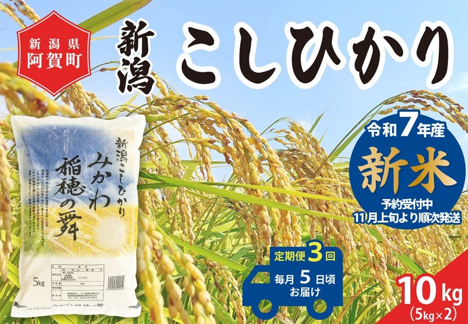 
            《令和7年産米》【定期便】3回　新潟県阿賀町産 コシヒカリ「みかわ稲穂の舞」10kg（5kg×2袋）
          